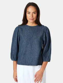 Blusen * Mud Jeans Damen-Jeanbue 3/4-Arm Mittelblau