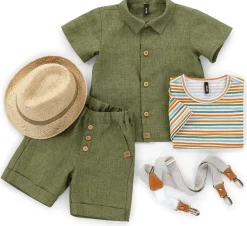 Kinderbekleidung * Pure Pure Kinder-Hemd Kurzarm Leinen Oliv